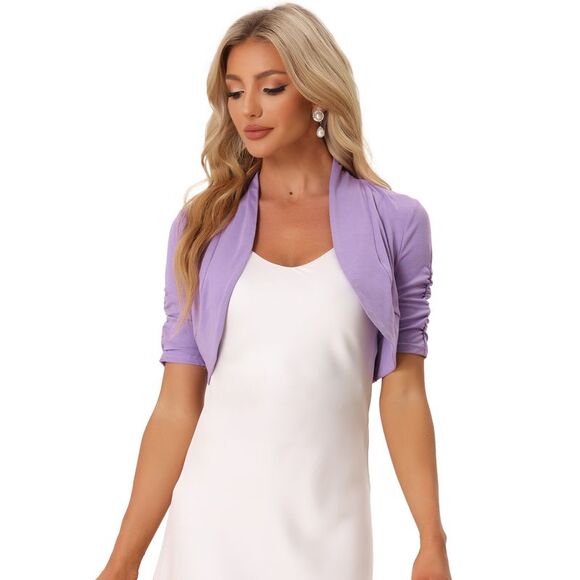Short Sleeve Shrugs Ruched Sleeve Open Front Cropped Bolero Lilac - Picture 1 of 5
